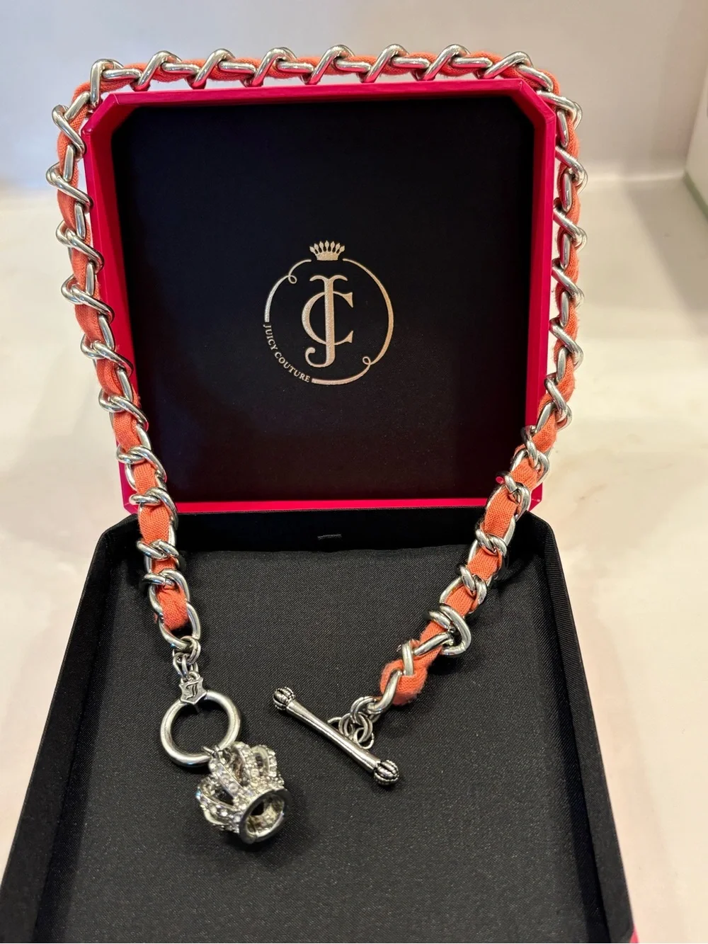 Juicy Couture Coral-Orange Chain-Link Necklace with Crystal Crown Charm